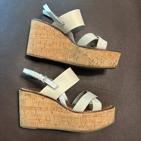 Sam Edelman platform shoes - cork wedge cream leather silver sandal shoes - Picture 3 of 13